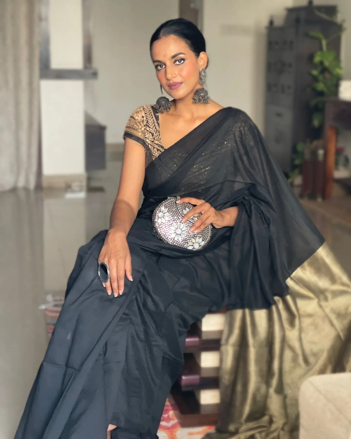 Rangdhaaga Black With Contrast Copper Pallu Khadi Saree